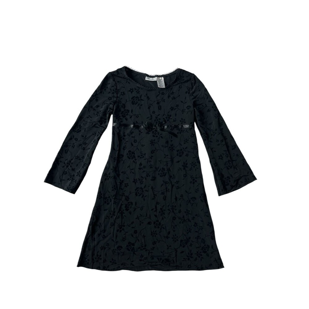 Vintage 90's Cherokee Black Satin-like Asian Inspired Floral Flare Dress Girls 6